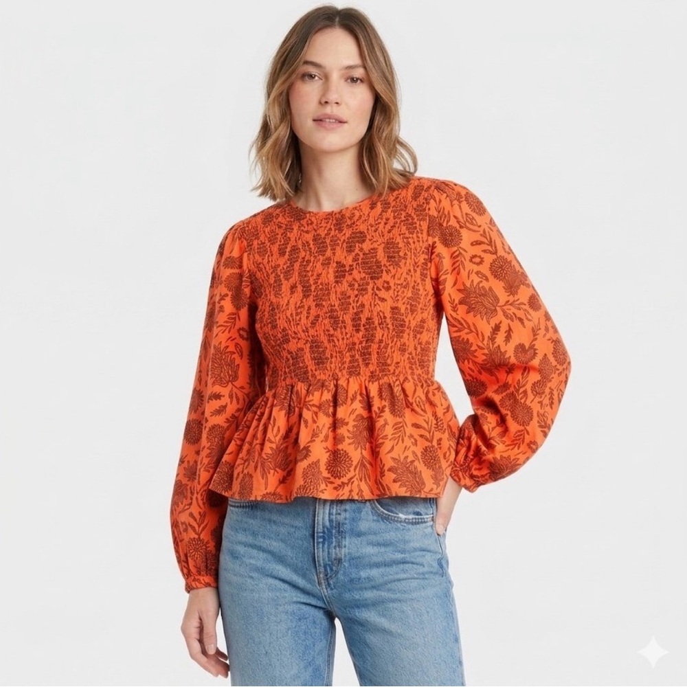 Universal Thread Boho Blouse Small Floral Smocked Long Sleeve Peplum Top Size S